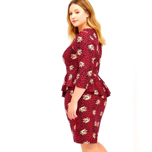 Torrid Red Peplum Ponte Knit SkullS & Leopard Dress Size 5X Halloween Stretch - Picture 3 of 9